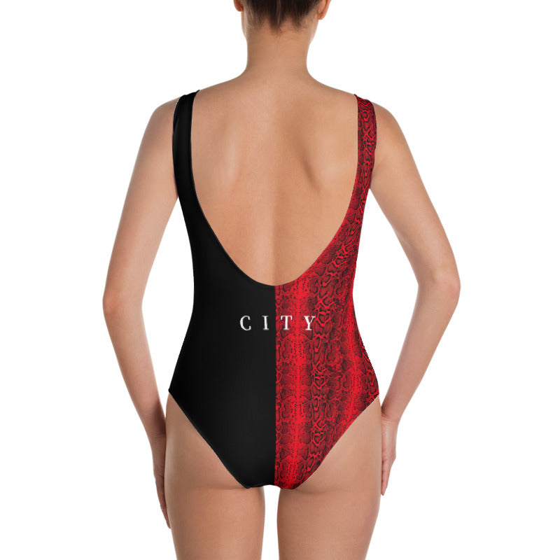 Split Black and Red One-Piece Swimsuit