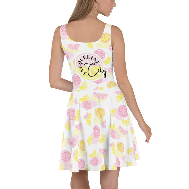 lemon print skater dress Pink Mini Dress - Lemon Print Skater Dress - Puff Sleeve Dress