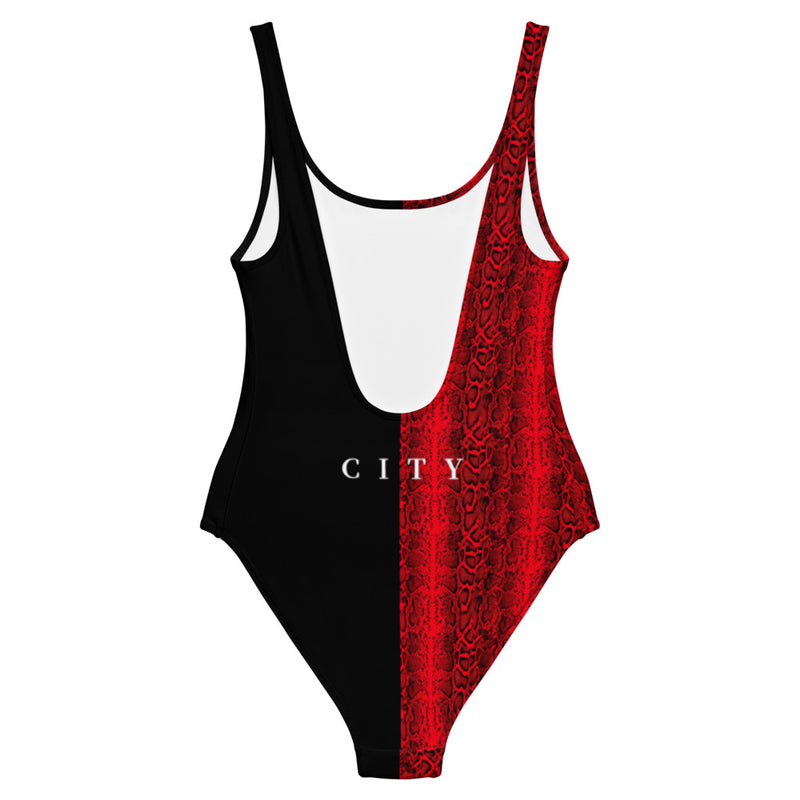Split Black and Red One-Piece Swimsuit