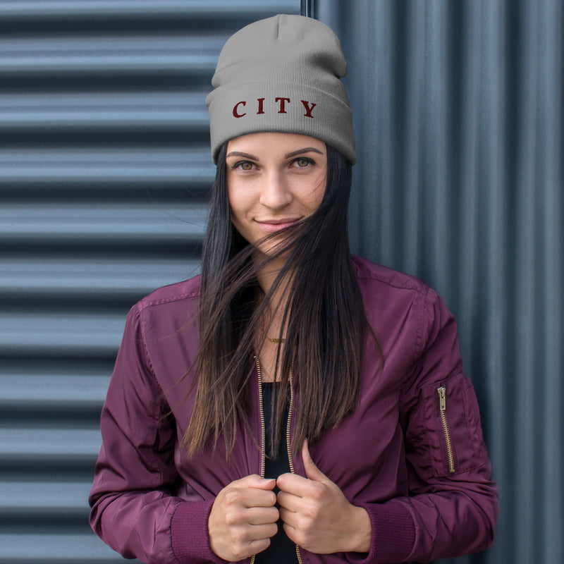 CITY Embroidered Fold-Over Beanie